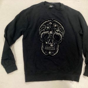 Zara Man black Sweatshirt  Embroidered Skull Crew Neck Long Sleeve size M